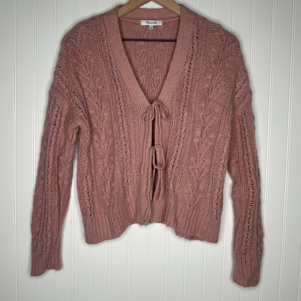 Madewell Womens Cardigan S Dusty Rose Alpaca Blend Cable Knit Tie Front